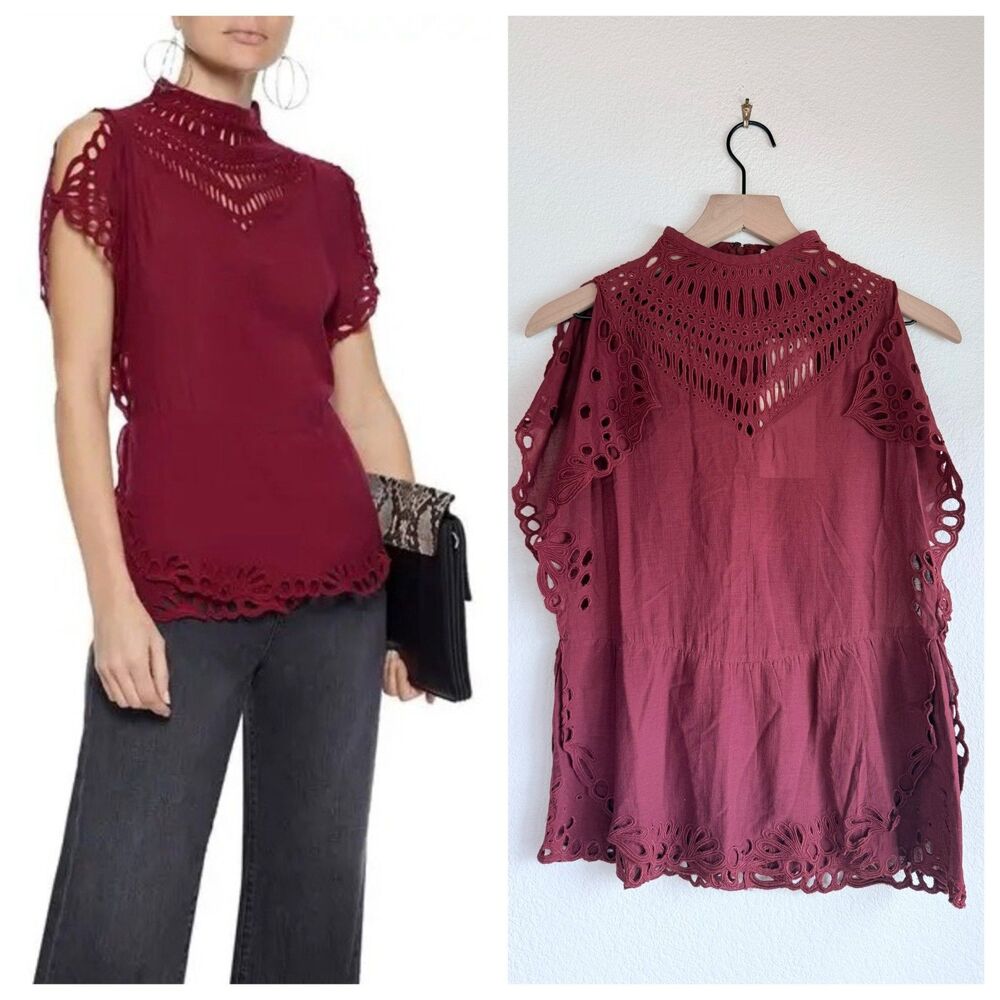 NWT IRO Paris Jala Blouse Eyelet Lace Embroidered Top Wine Burgundy 34 FR XS